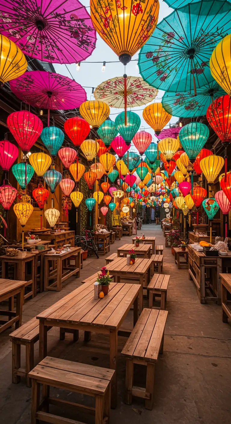 Allée de restaurants illuminée par des lampions et ombrées multicolores, avec des tables en bois.