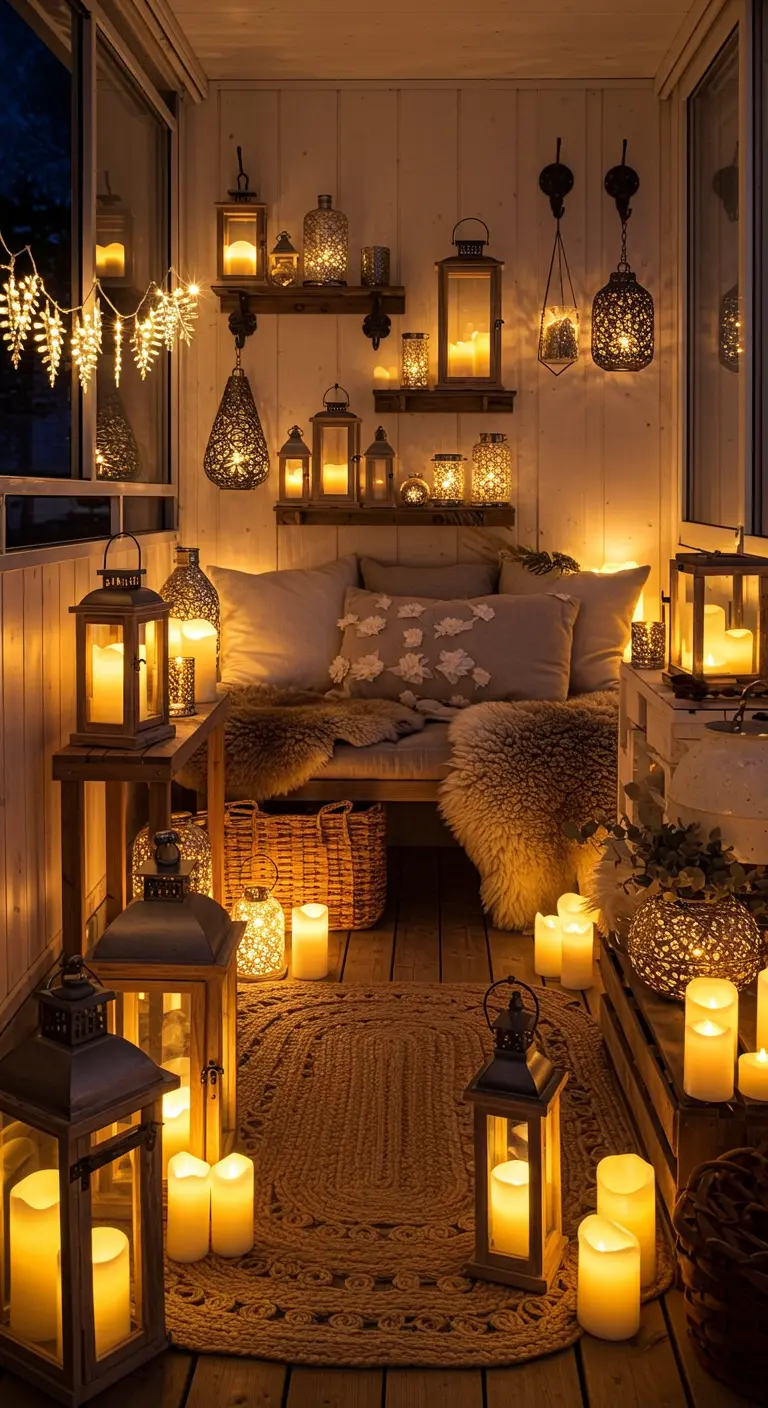 Balcon très cosy avec une multitude de lanternes, bougies, plaids moelleux et coussins doux.