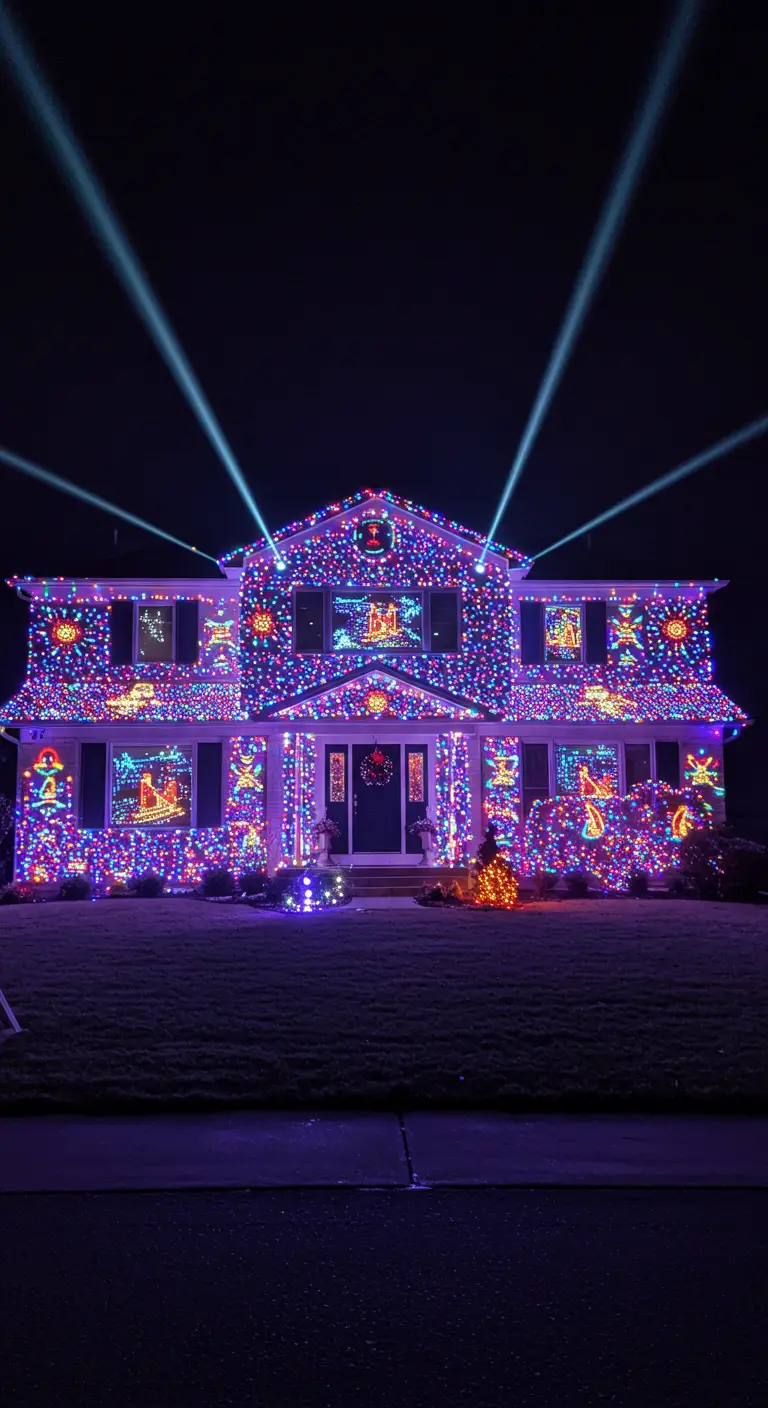 Maison recouverte d'une multitude de guirlandes lumineuses multicolores, avec des projecteurs et des spots.