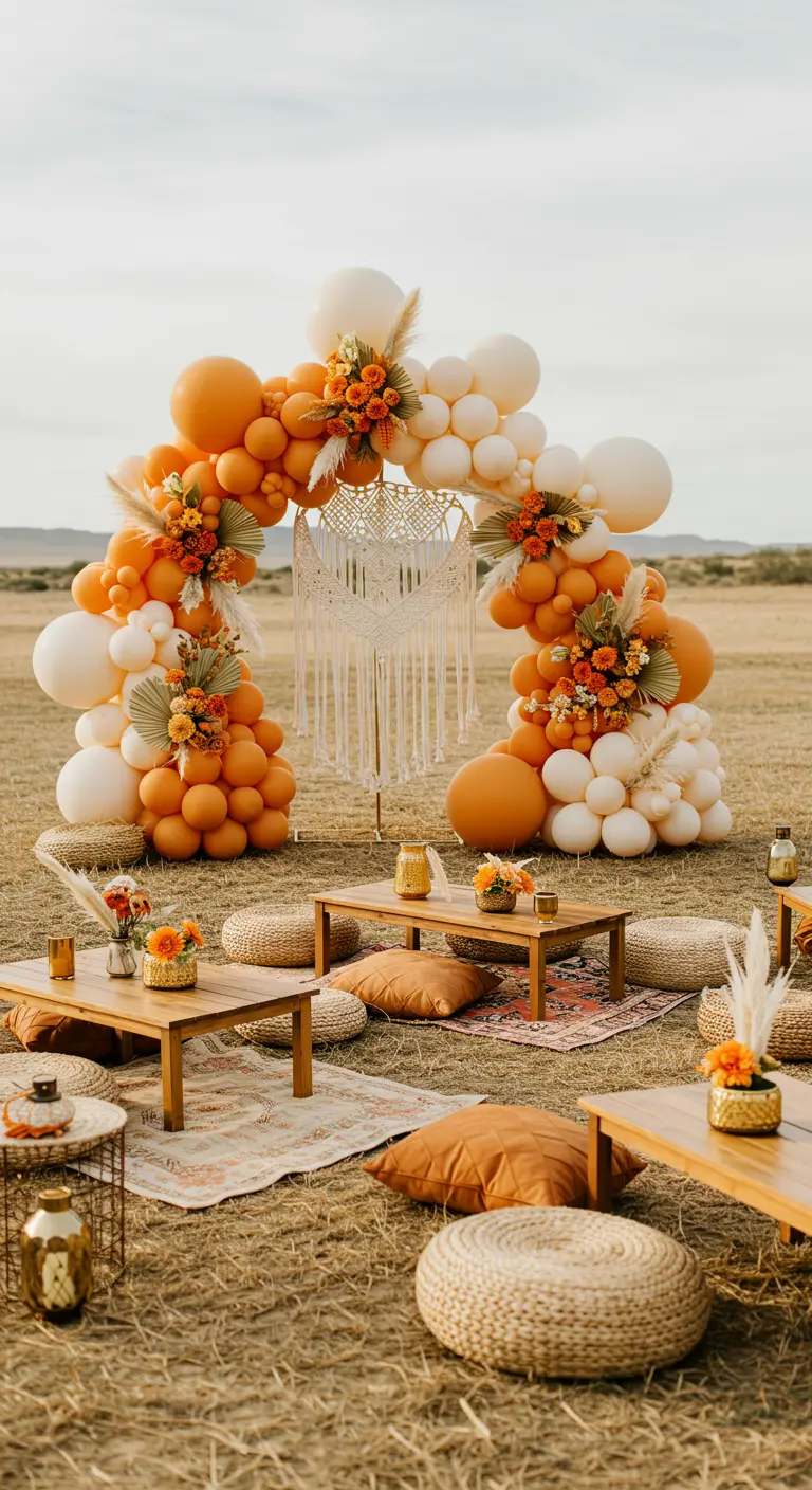Fête bohème dans un paysage ouvert avec arche de ballons orange et crème, tables basses.