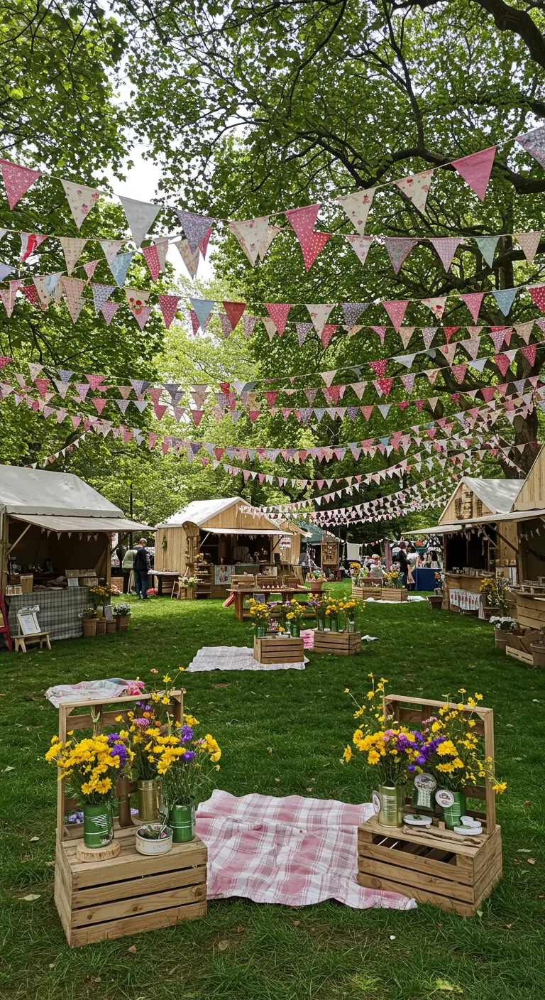 Festival en plein air avec une multitude de guirlandes de fanions, caisses en bois fleuries et stands de marché.
