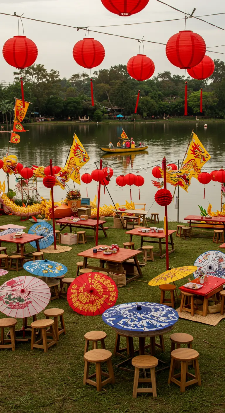 Fête du dragon au bord de l'eau avec lampions rouges, drapeaux jaunes, tables colorées et ombrées décoratives.