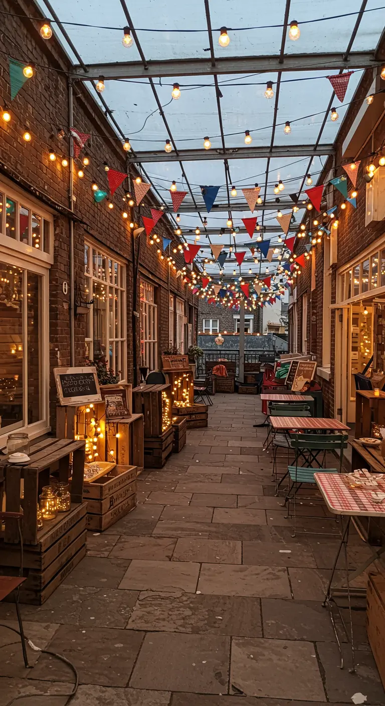 Allée couverte de fanions colorés et de guirlandes lumineuses, avec des caisses en bois décoratives.