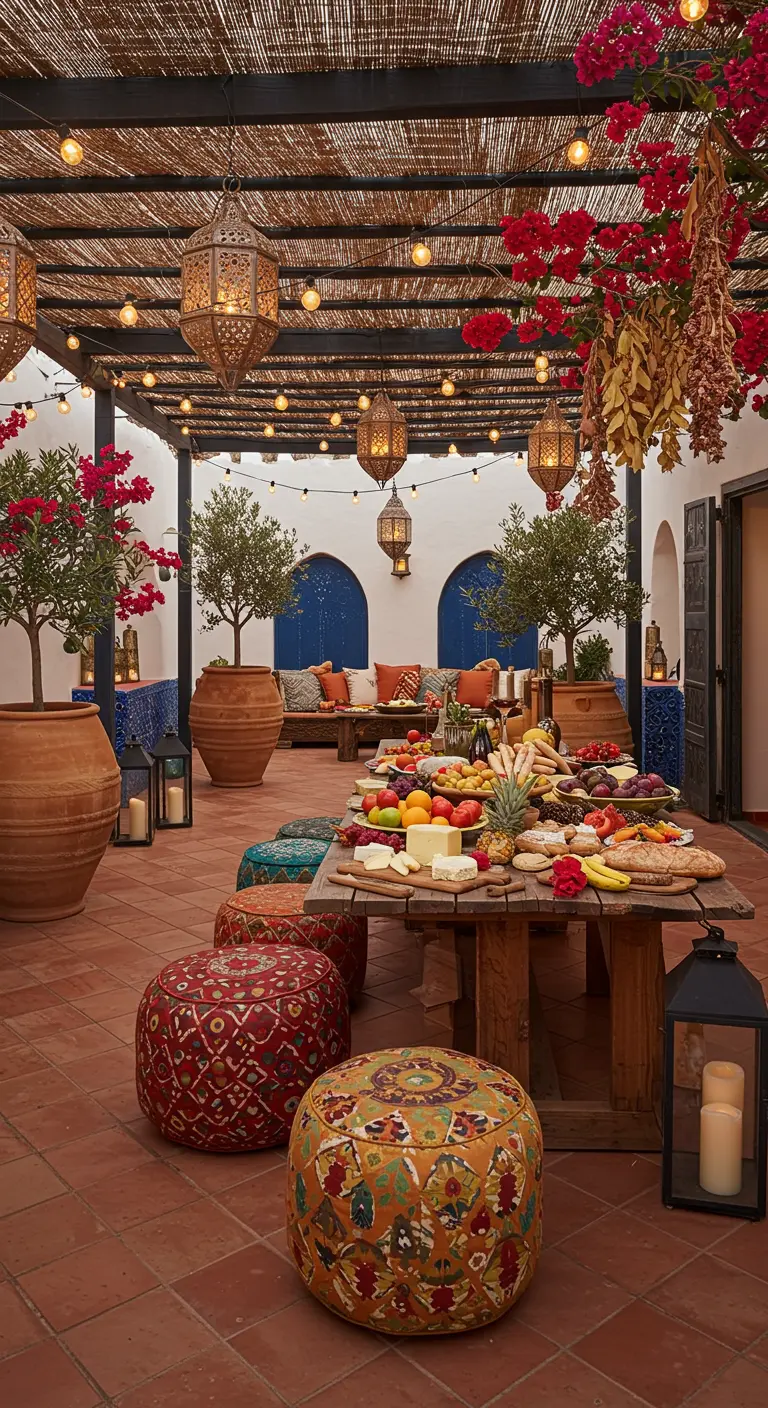 Cour extérieure décorée de lanternes orientales, bougainvilliers, coussins colorés, table de banquet et oliviers.