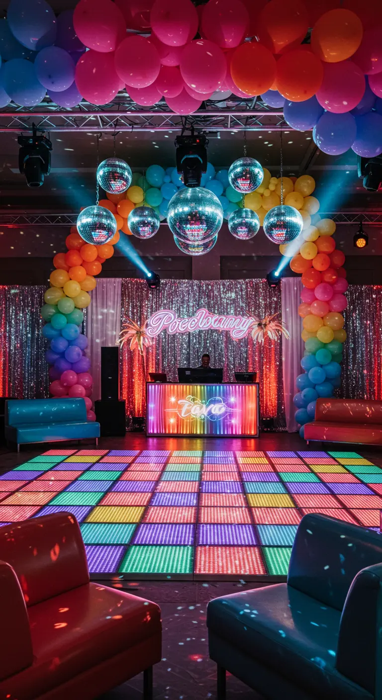 Salle de fête colorée avec arche de ballons arc-en-ciel, boules disco et piste de danse LED.