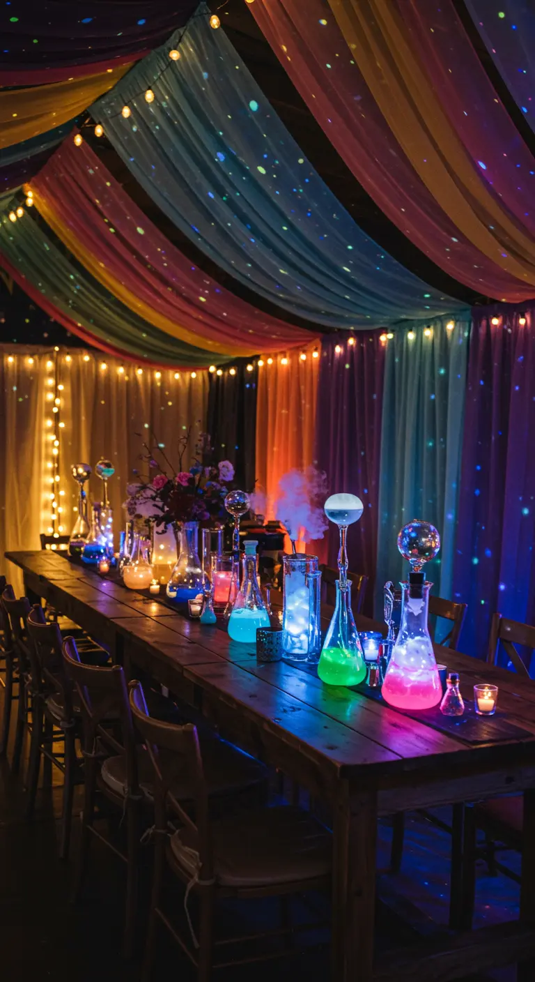 Longue table en bois avec des fioles lumineuses multicolores, sous un plafond drapé de tissus colorés et de lumières.