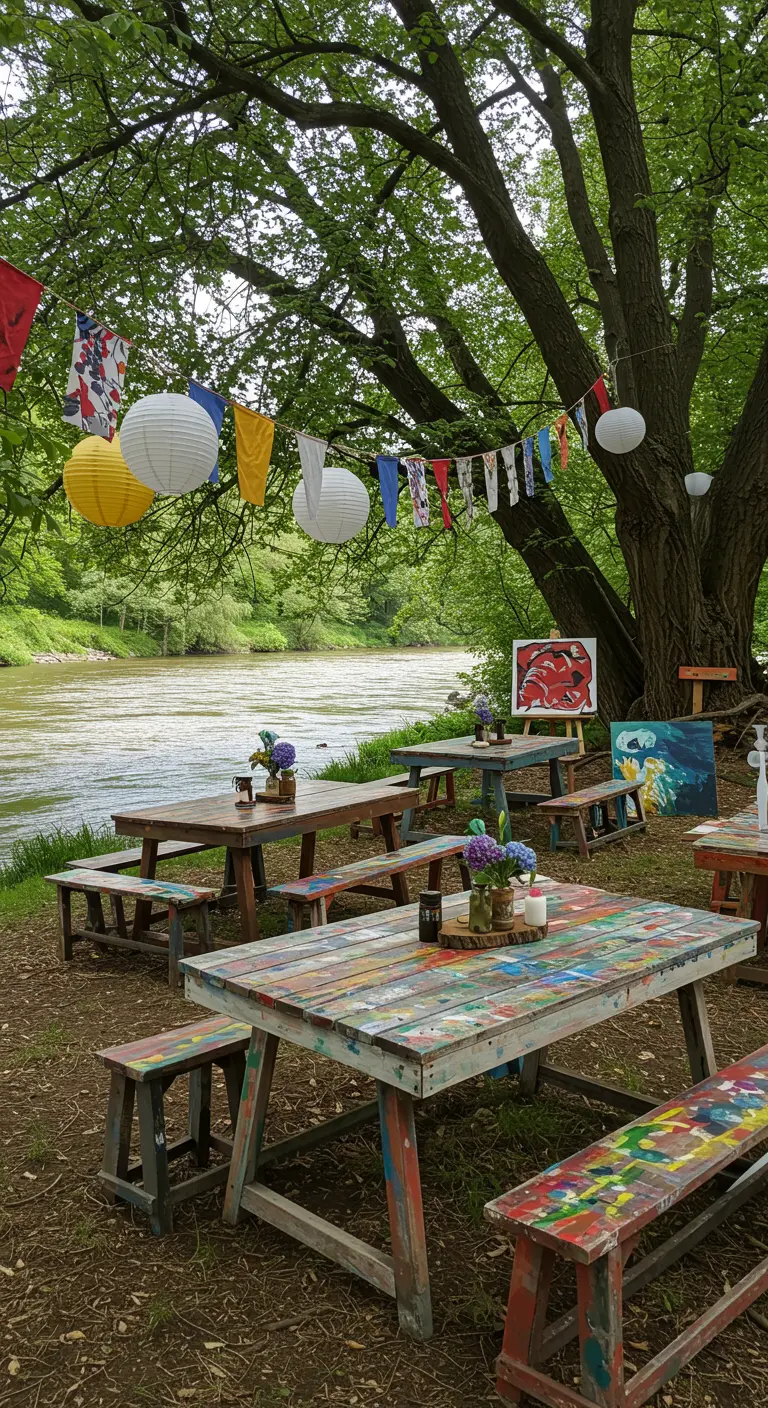 Fête artistique au bord d'une rivière avec tables peintes colorées, lampions, fanions en tissu et tableaux.