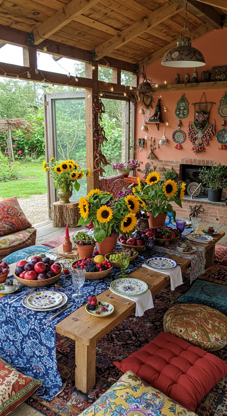 Table basse garnie de fruits et tournesols, avec coussins de sol colorés sous une pergola en bois.