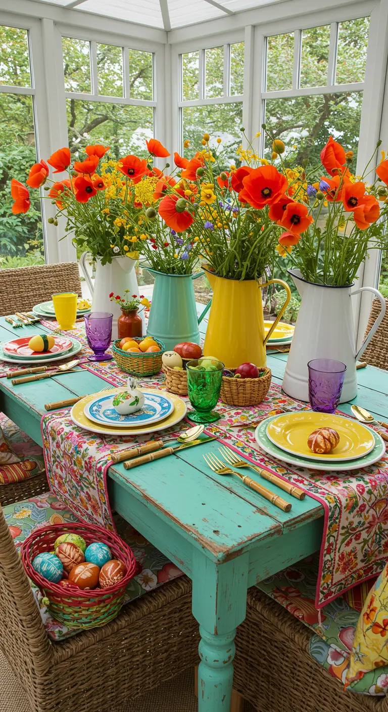 Table de Pâques bohème et colorée avec des bouquets de coquelicots dans des pichets.