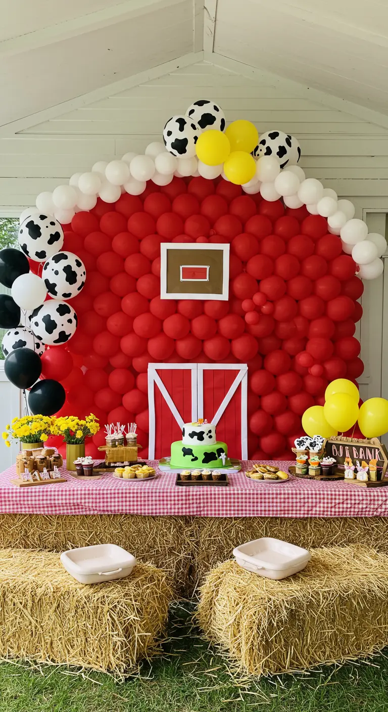 Mur de ballons en forme de grange rouge pour un anniversaire à la ferme.