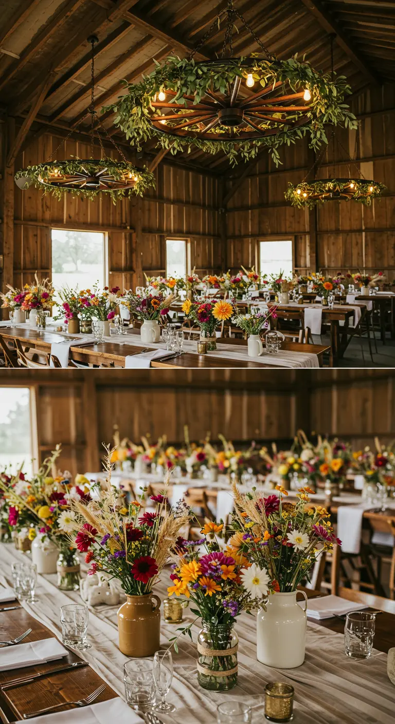 Tables de réception dans une grange, décorées de bouquets de fleurs sauvages colorées.