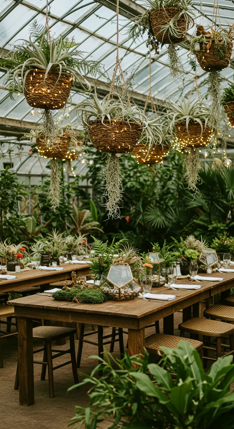 Longue table de mariage en extérieur avec bottes de foin et fleurs séchées dans des paniers.