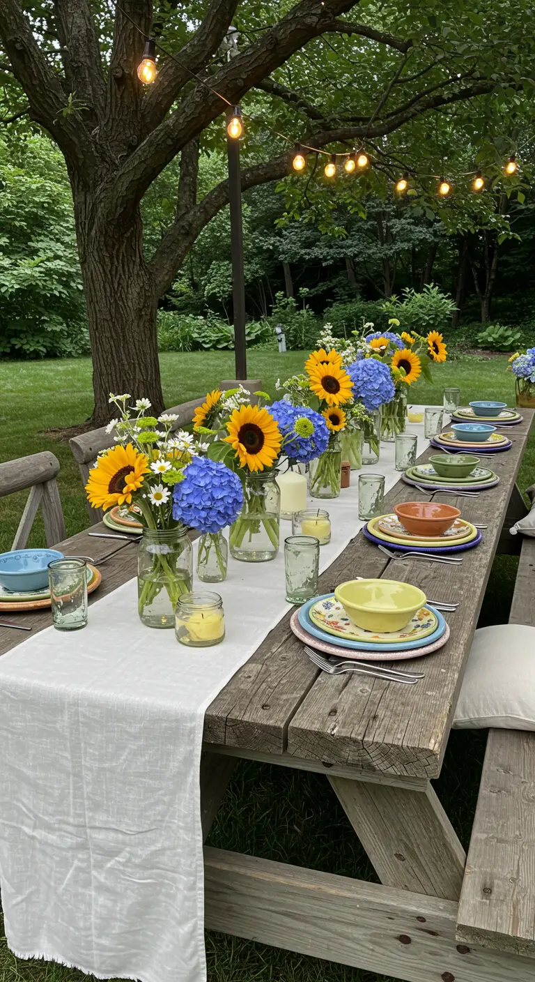 Longue table de pique-nique en bois avec tournesols, hortensias, vaisselle colorée et guirlandes lumineuses.