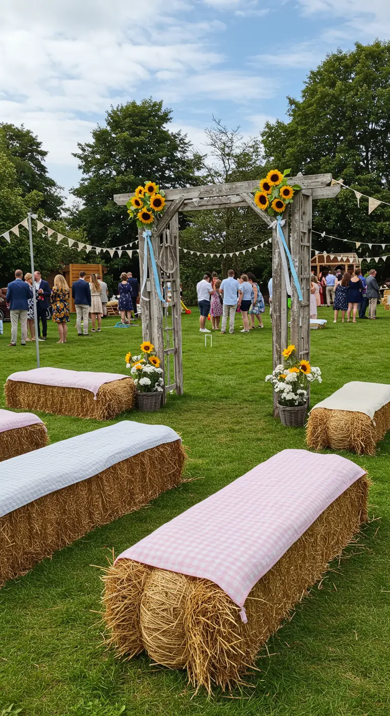 Garden party rustique avec des bancs en bottes de paille et une arche en bois décorée de tournesols.