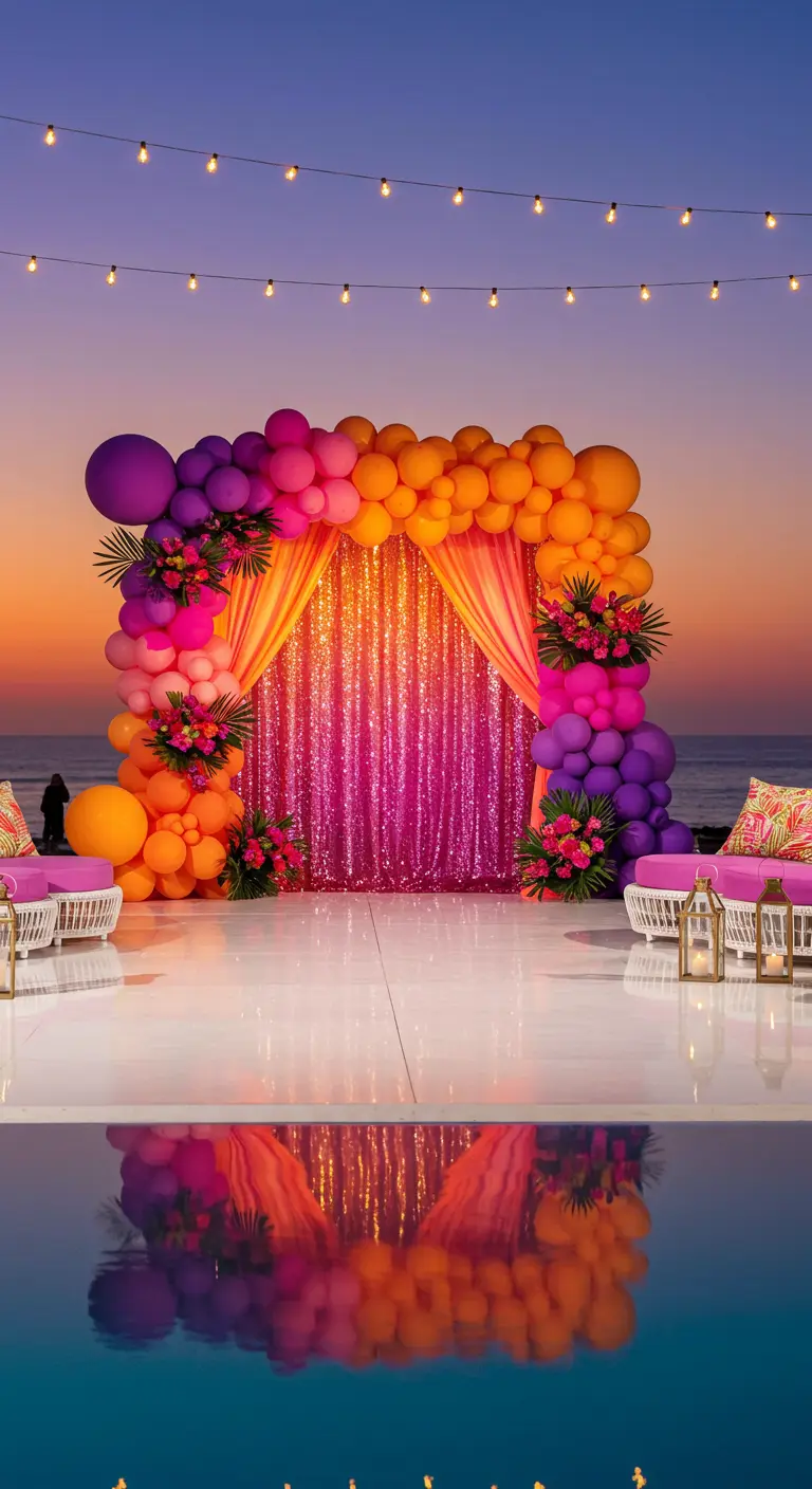 Décor de fête tropicale extérieure avec arche de ballons colorés, rideau pailleté et piscine.