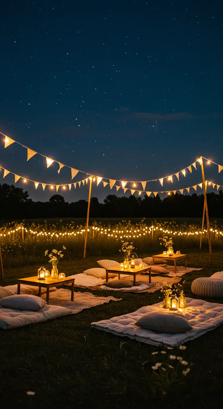 Fête nocturne en plein air avec des matelas au sol, coussins, tables basses, lanternes et une multitude de guirlandes lumineuses.