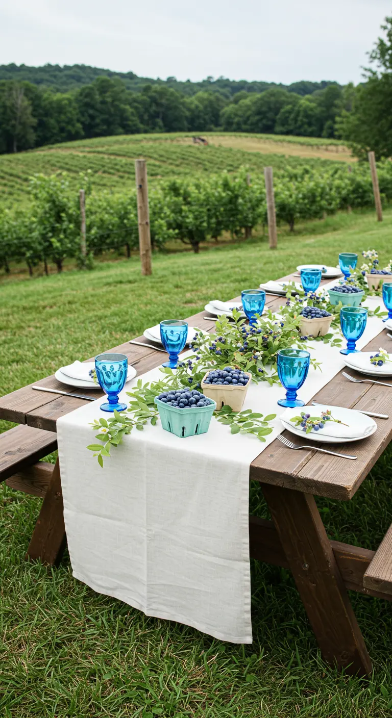 Table de pique-nique dans un champ de myrtilles avec chemin de table blanc, paniers de myrtilles et verres bleus.