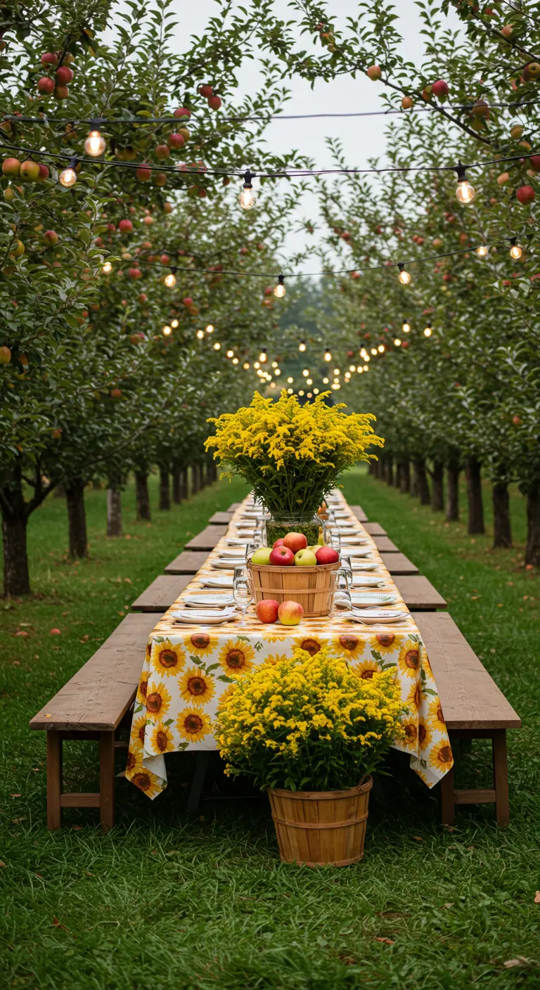 Longue table dans un verger de pommiers, décorée avec une nappe à tournesols et un panier de pommes.