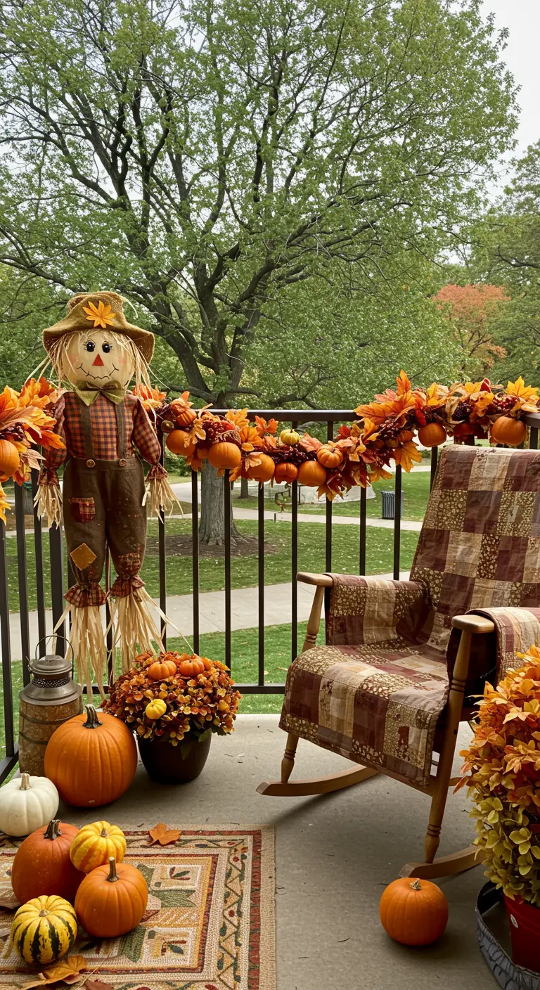 Balcon décoré pour l'automne avec un épouvantail et des citrouilles.