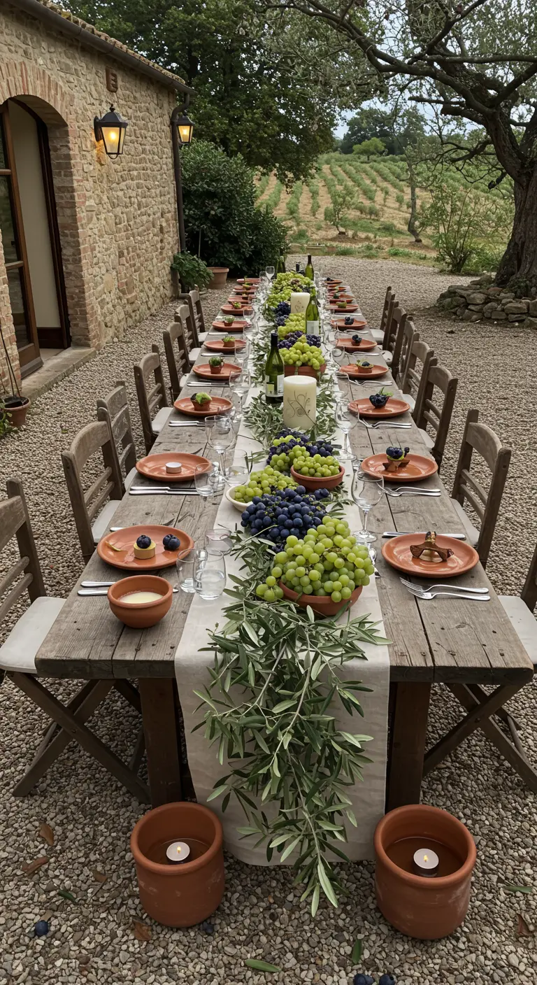 Table rustique en extérieur avec branches d'olivier et grappes de raisin.