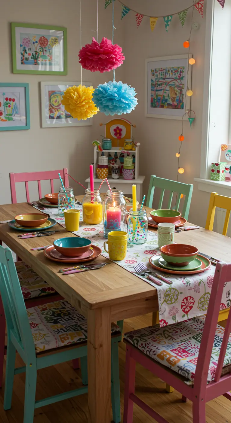 Table d'anniversaire enfantine avec des bocaux décorés, bougies colorées, vaisselle gaie et pompons en papier.