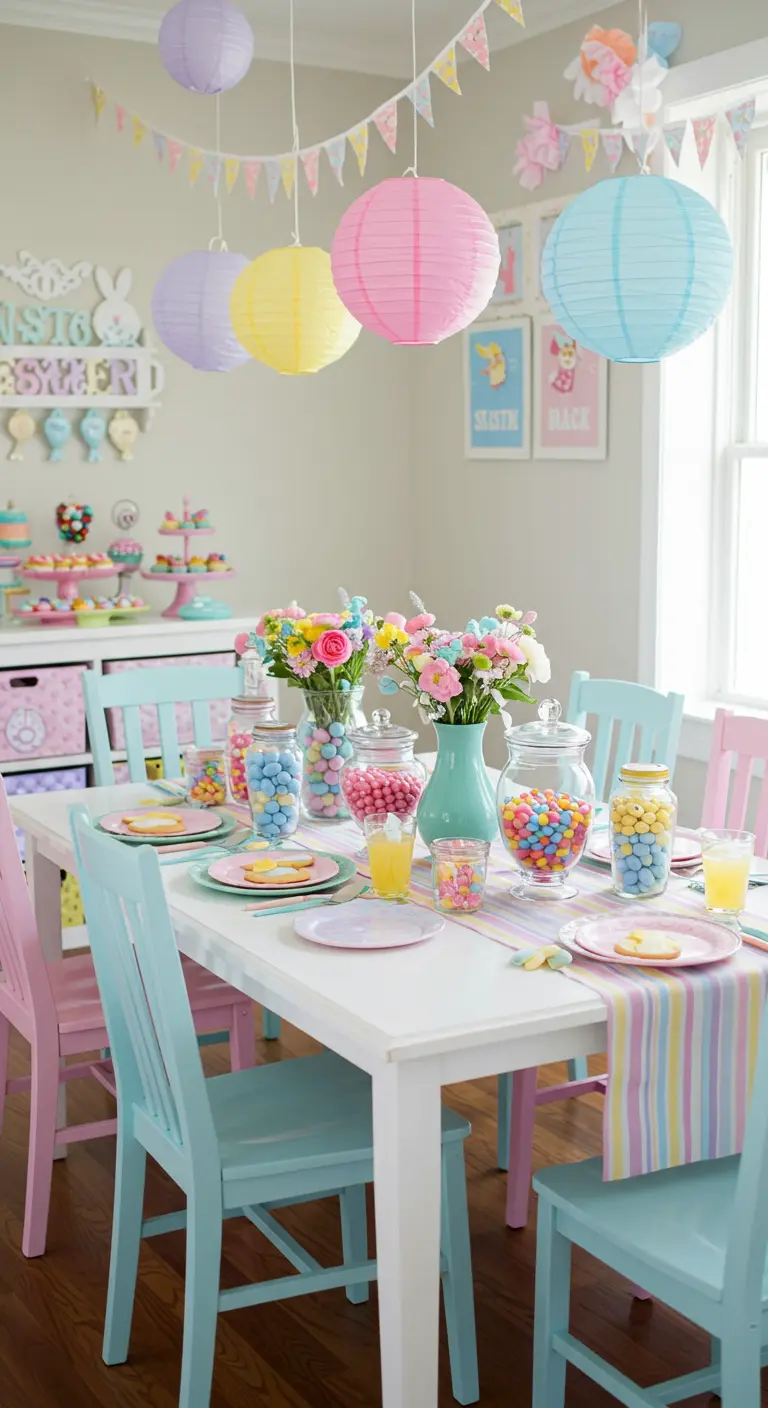 Chemin de table rayé pastel, bocaux de bonbons, lampions, chaises colorées pour Pâques enfantin.