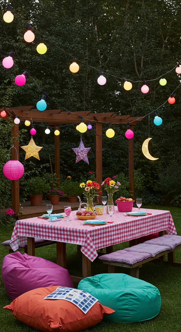 Fête en jardin avec guirlandes multicolores, étoiles, lune et poufs colorés.