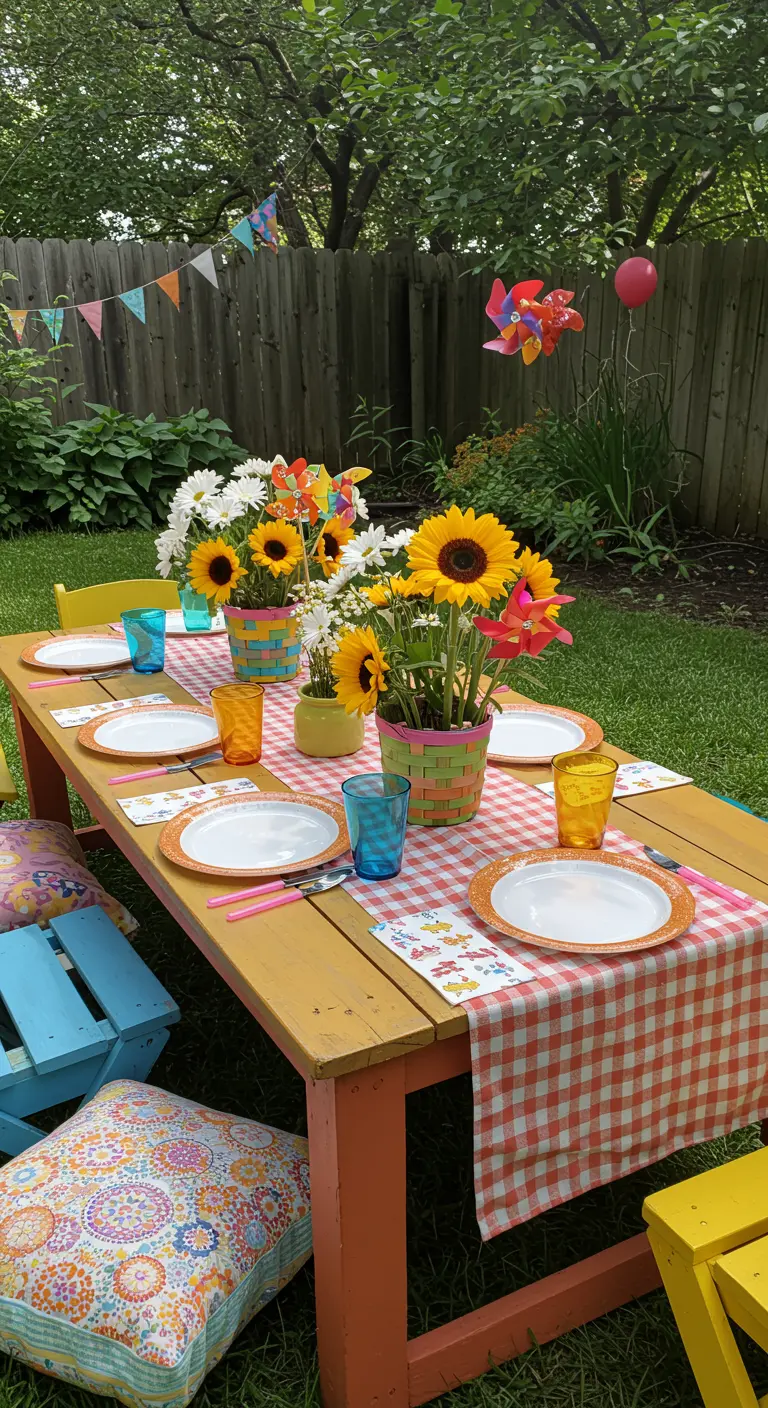 Table d'anniversaire colorée dans un jardin avec chemin de table vichy, tournesols et verres assortis.
