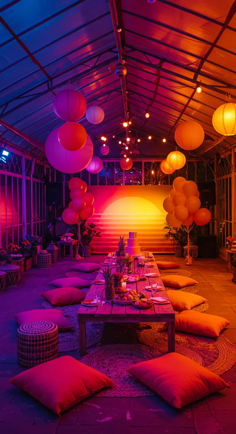 Fête foraine intérieure avec des stands éclairés, une boule disco et des guirlandes colorées.