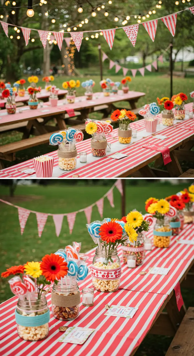 Tables de pique-nique pour mariage thème fête foraine, bocaux de bonbons et gerberas, fanions.