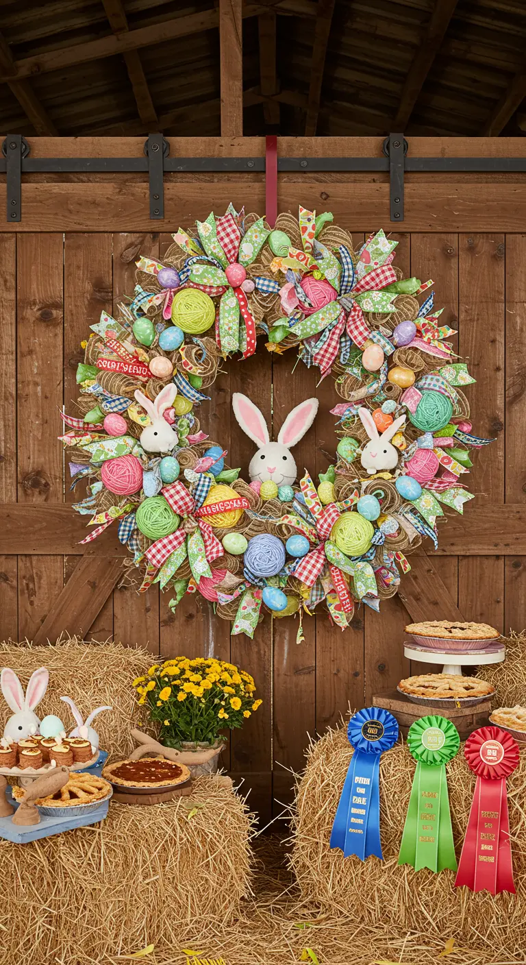 Couronne de Pâques très chargée avec de multiples rubans, des lapins et des œufs colorés.