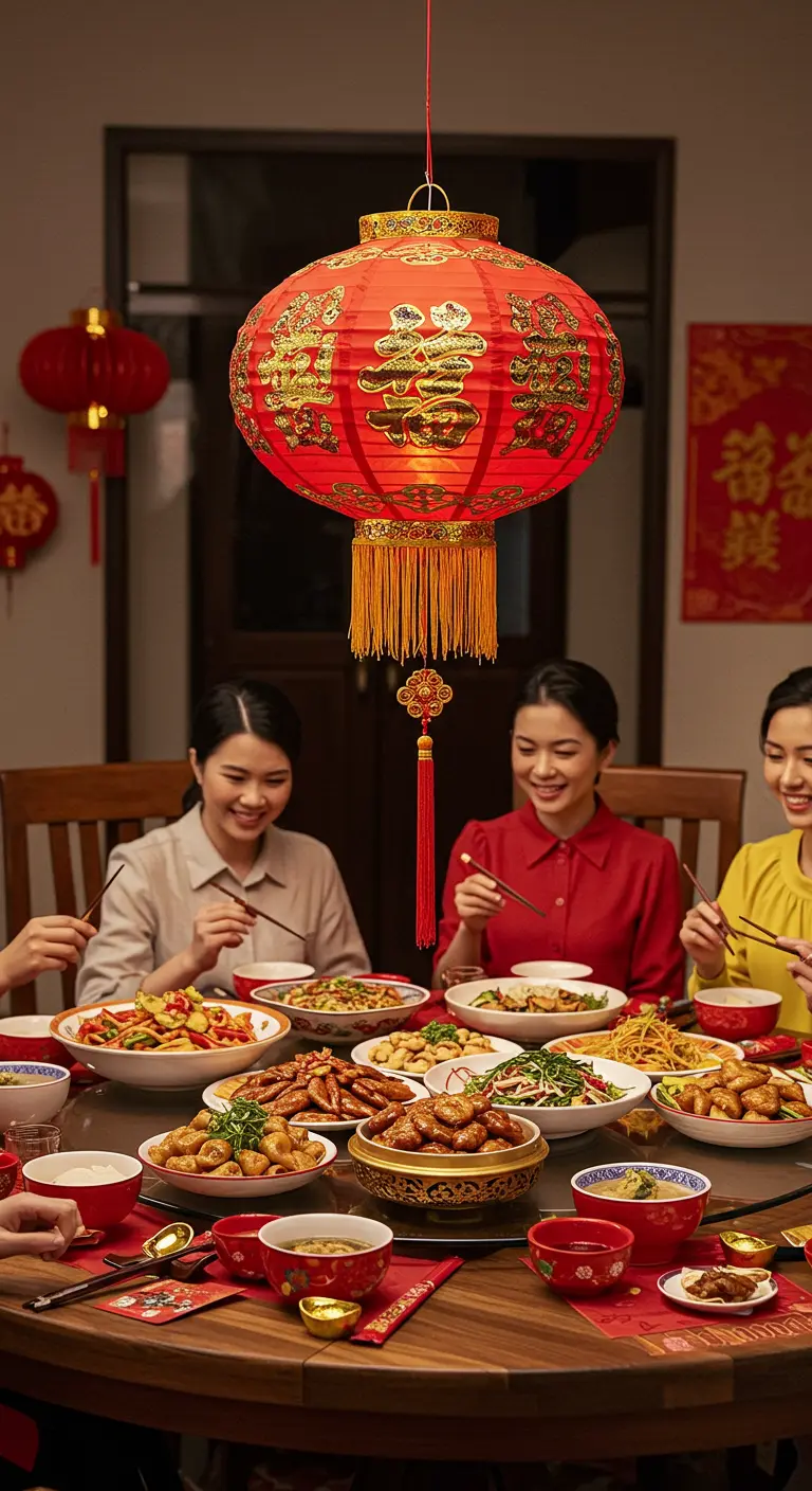 Grande lanterne chinoise rouge suspendue au-dessus d'une table de fête familiale.