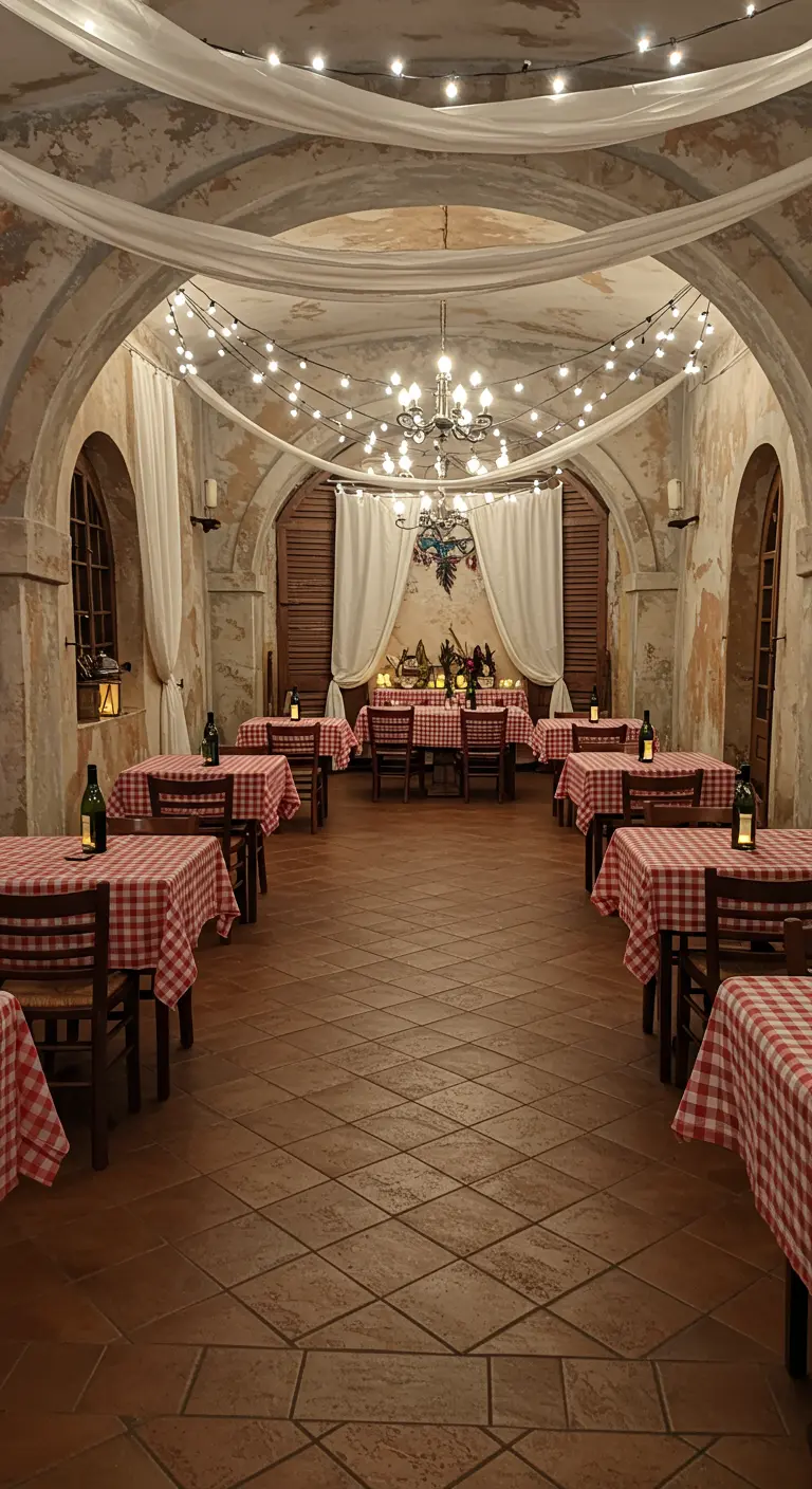 Cave voûtée rustique avec des tables à nappes à carreaux et des guirlandes lumineuses.