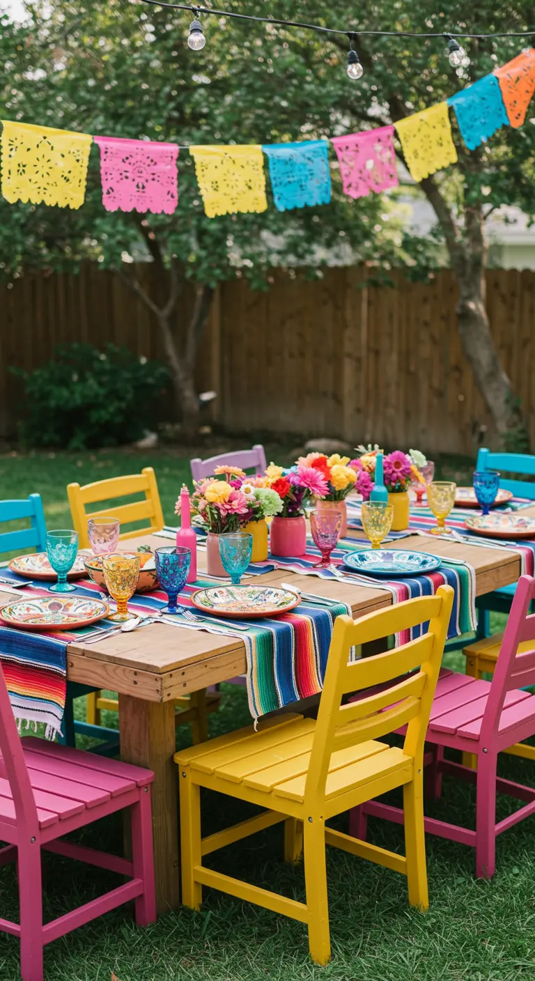 Table de fête colorée avec un chemin de table rayé et des chaises peintes.