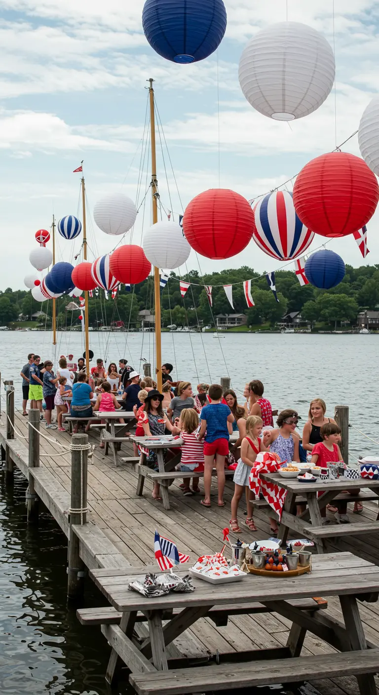 Fête nautique sur un ponton avec lampions rouges, blancs, bleus, fanions et invités au bord de l'eau.