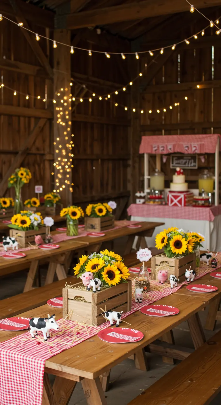 Décor de table de ferme avec chemins de table à carreaux, caisses en bois et tournesols.