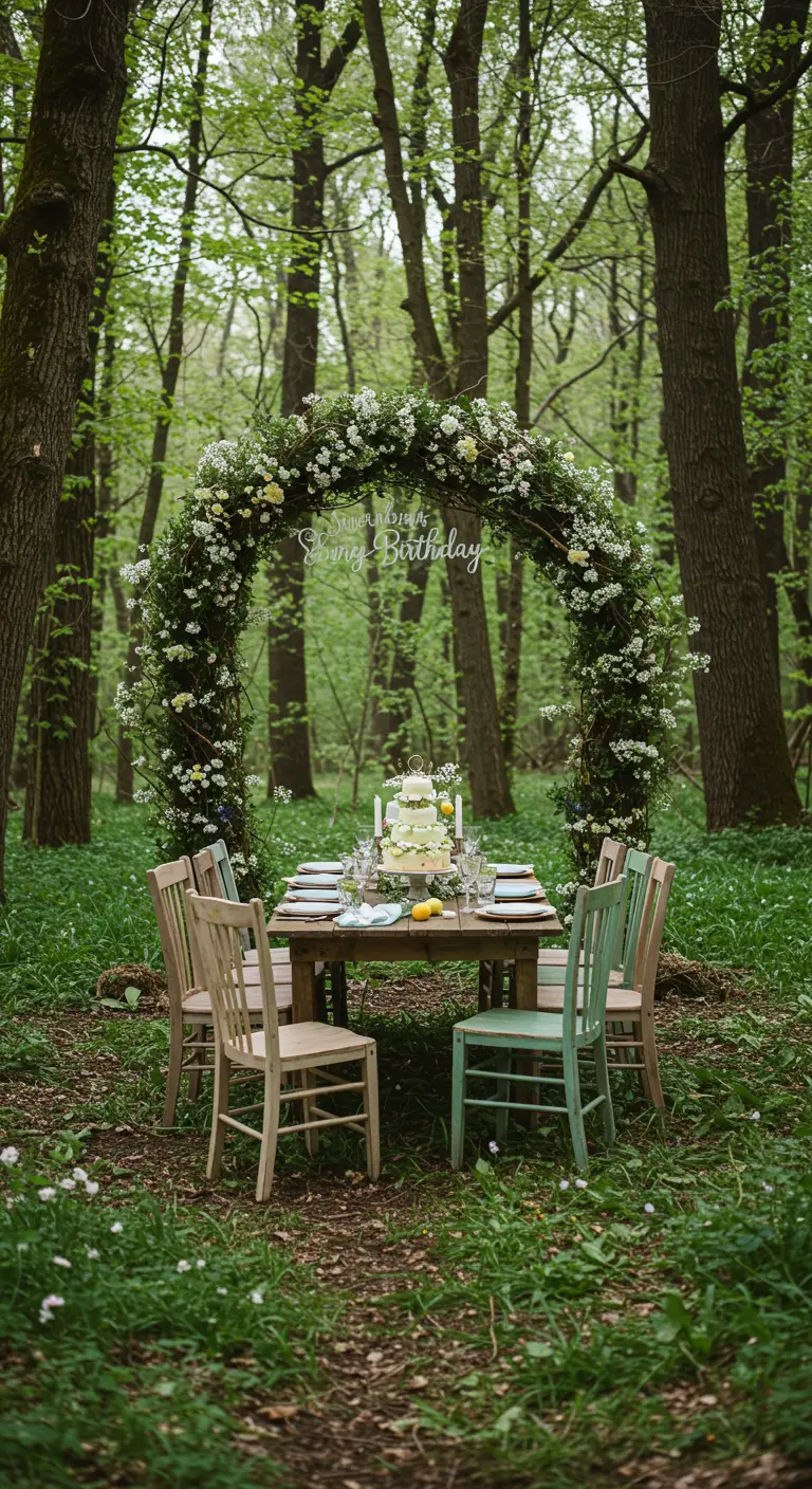 Table dressée dans une forêt verdoyante sous une arche de feuillage et de fleurs blanches.