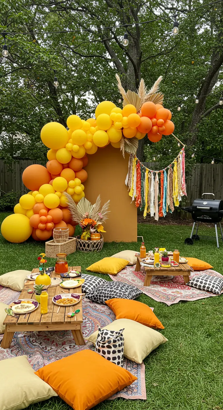 Arche de ballons jaunes et oranges dans un jardin avec tables basses et coussins colorés.