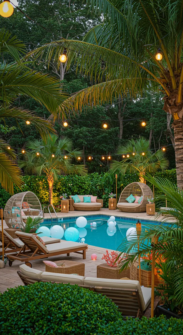 Piscine entourée de palmiers avec guirlandes lumineuses, lampions flottants, mobilier en rotin, ambiance tropicale.