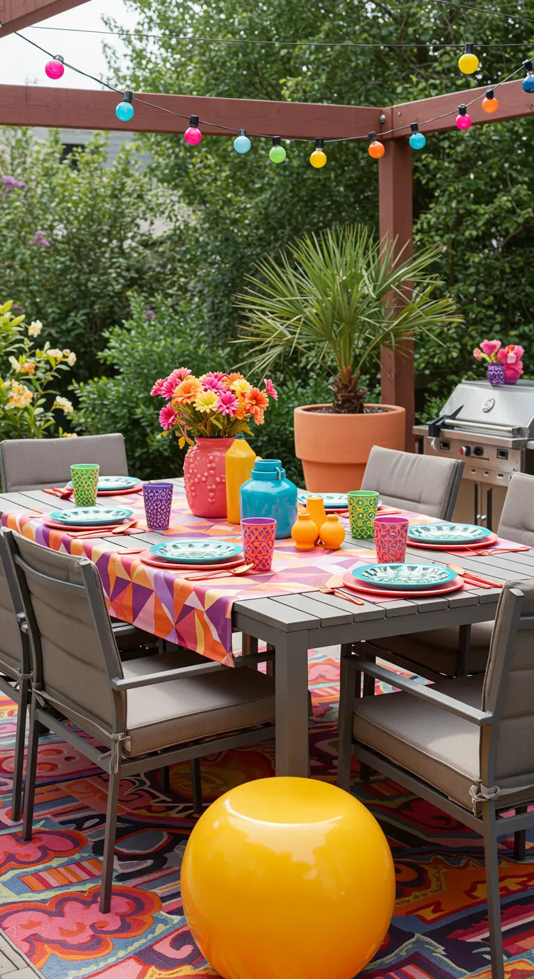 Grande table de terrasse avec tapis graphique, nappe colorée, vaisselle vive et vases fluo.