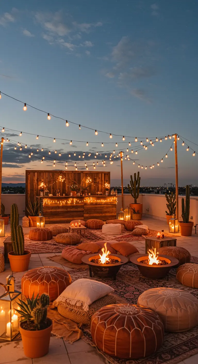Rooftop bohème avec foyers, poufs, tapis orientaux, guirlandes lumineuses et cactus.