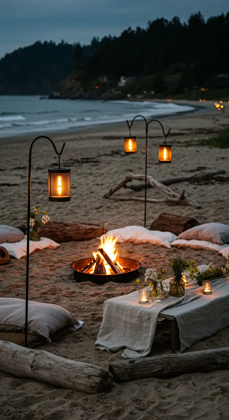 Ambiance de soirée sur la plage avec un feu de camp, une table basse et des lanternes sur piques.