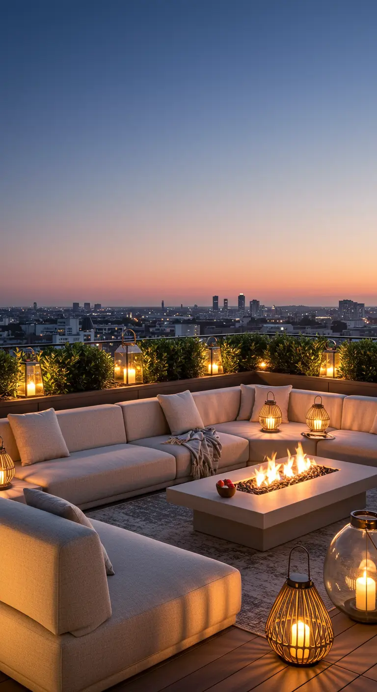 Toit-terrasse luxueux avec un grand canapé beige et une table braséro moderne