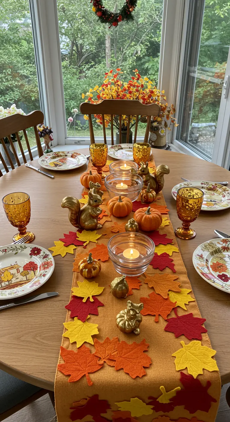 Une table ronde décorée d'un chemin de table de feuilles en feutrine, de citrouilles, d'écureuils dorés et de bougies flottantes.
