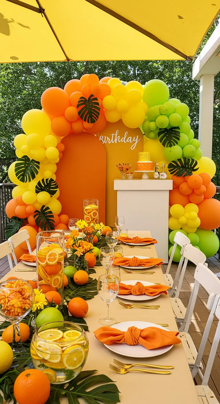 Table d'anniversaire extérieure avec arche de ballons colorés et agrumes en décoration.