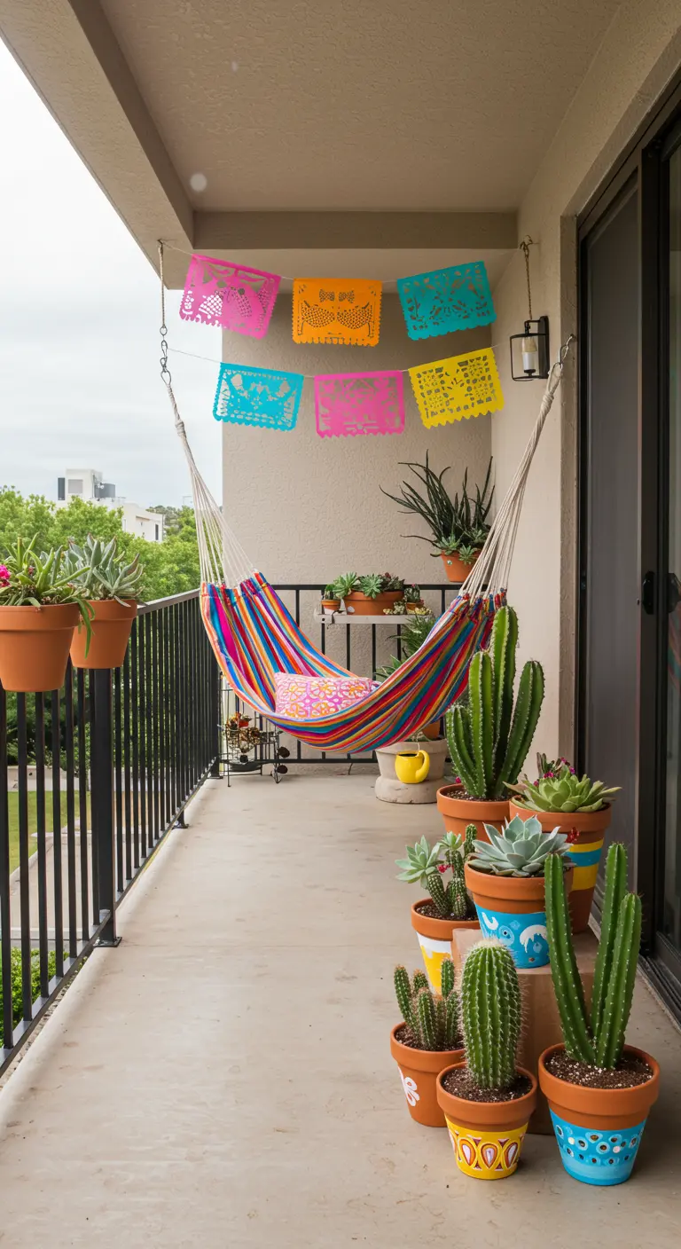 Balcon avec un hamac coloré, de nombreux cactus en pot et des bannières mexicaines.