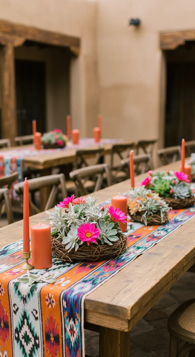 Table de fête avec chemin de table ethnique et couronnes de succulentes colorées