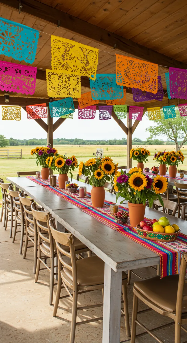 Longue table sous une pergola avec guirlandes de papel picado, tournesols en pots de terre cuite et chemin de table mexicain.