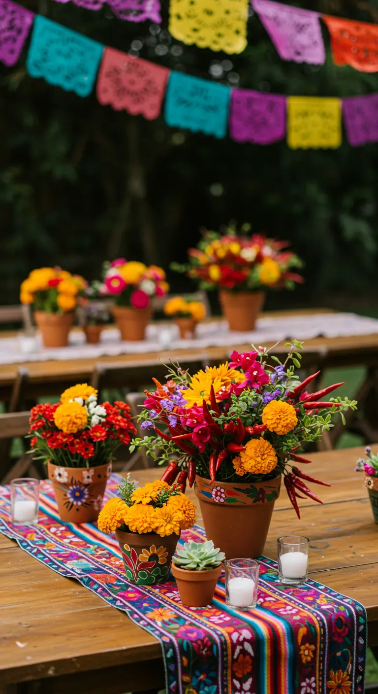 Centres de table colorés avec des fleurs orange et des piments dans des pots en terre cuite.