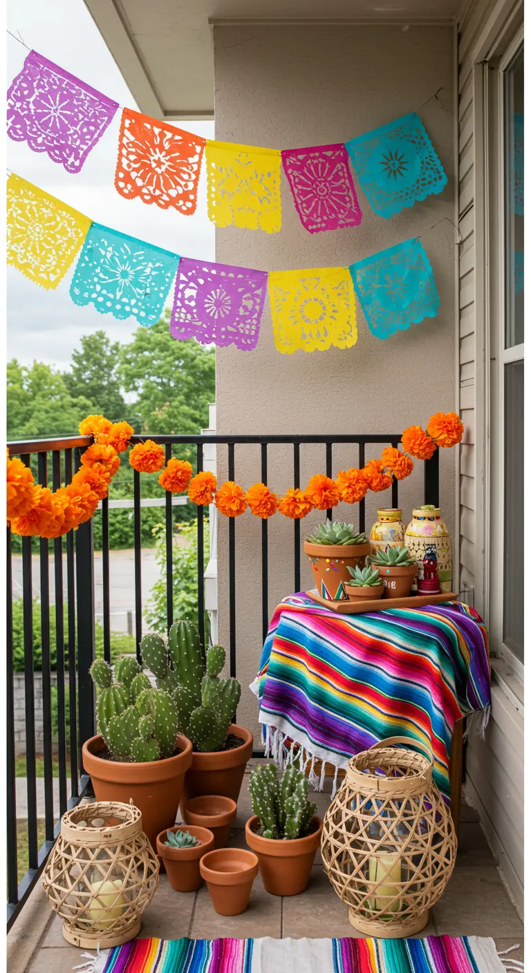 Balcon décoré dans un style mexicain avec des guirlandes colorées et des cactus.